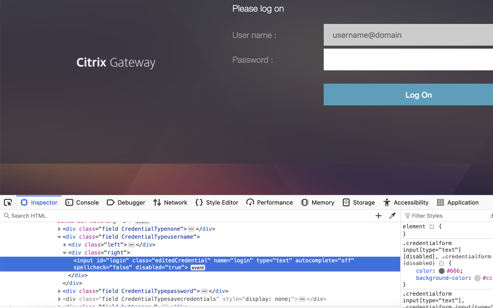 Citrix username field disabled