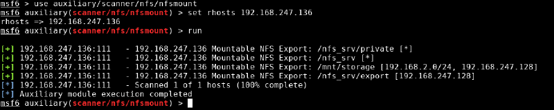 Output of Metasploit’s auxiliary/scanner/nfs/nfsmount module