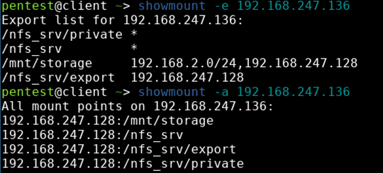 Output of the showmount command for enumerating NFS exports
